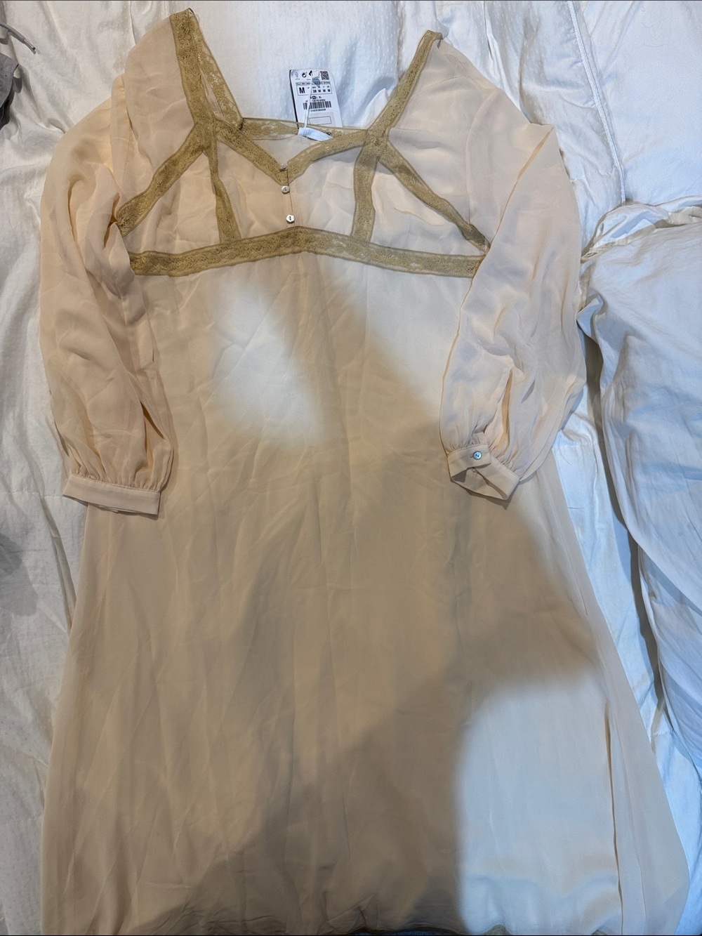 Zara Cream Long Sleeve Sheer Lace-Trim Midi Dress